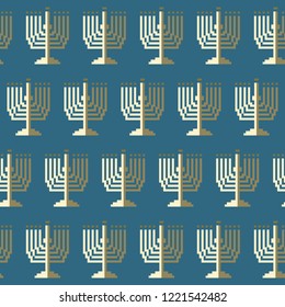 Pixel art. Seamless pattern. Menorah, burning candles, lettering Happy Hanukkah. Judaic holiday decoration. Greeting card design vector illustration. Tradition religion jewish holiday. Flat design