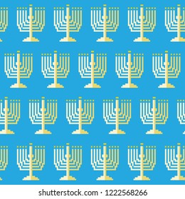 Pixel art. Seamless pattern. Menorah, burning candles, lettering Happy Hanukkah. Judaic holiday decoration. Greeting card design vector illustration. Tradition religion jewish holiday. Flat design