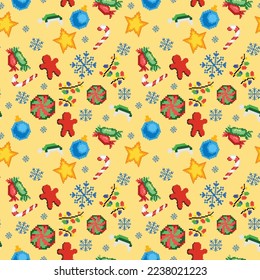 pixel art seamless pattern new year and christmas theme. Contains a snowflake, a lollipop, a candy cane, a garland, a green santa hat, a Christmas ball, chocolates and a cookie man