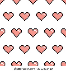 Pixel art seamless pattern with pink hearts on a white background.