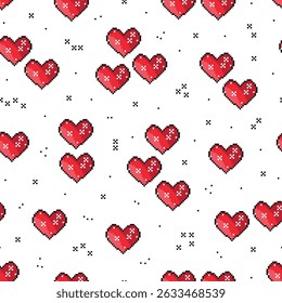 Pixel Art Patrón sin fisuras con corazón rojo. Fondo de amor con corazones de 8 bits píxeles para el día de San Valentín o cumpleaños. Ilustración vectorial