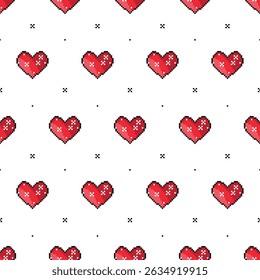 Pixel Art Seamless Pattern with Red Heart. Love Holiday Background with 8 bit pixel Hearts for Valentine's day or Birthday. Vector illustration