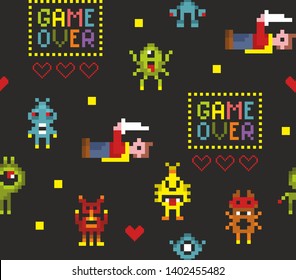 Pixel art seamless pattern with retro video game characters. Vector endless illustration with space monsters and super hero.