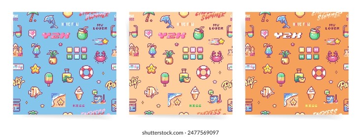 Pixel art Seamless Pattern Set with sun, dolphin, beach, sand, coconut, crab, sea, ice cream, pineapple, cocktail, lifebuoy, starfish, palm tree, flip flops and sunglasses. 8 Bit Y2K Design.