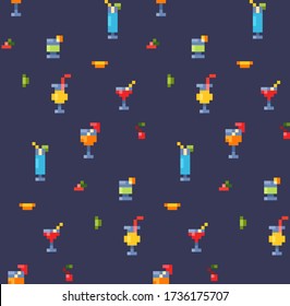 Pixel art seamless pattern of summer drinks and beach cocktails