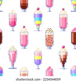 Pixelkunst nahtloses Muster süßer Lebensmittel. Smoothies und Milchshakes im Stil von Acht-Bit-Spielen. Nahtlose Muster.Textur für Gewebe, Umhüllung, Tapete