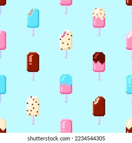 Pixel art seamless pattern of sweet food.  ice cream in style of eight-bit game. Seamless pattern.Texture for fabric, wrapping, wallpaper