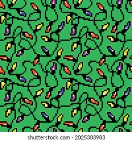 Pixel art seamless pattern,shiny multicolor Christmas lights on green.8 bit tangled holiday electric garland background.Old school vintage retro 80s, 90s 2d computer, video game, slot machine graphics