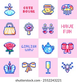 Pixel art seamless princess pattern. Vector background with cute royal elements: bow, crown, rose, teacup, earrings, comb, perfume, handbag, champagne, and pink squares