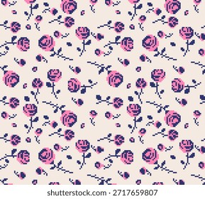 El patrón de rosa transparente del arte del píxel con las flores rosadas, estilo retro de 8 bits crea el sentimiento romántico, lindo y nostálgico, fondo del juego, texturas de la interfaz de usuario, Fondos de pantalla, telas y diseños decorativos.