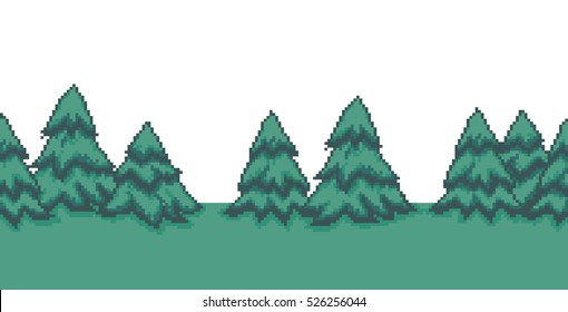 Pixel art seamless summer background with many spruce trees