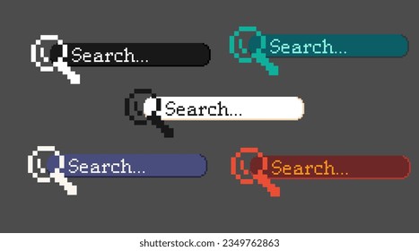 Pixel art of Search button with big magnifying glass icon, Pixelated asset sets of black,  green, white, blue, and red search button. 8bits simple pixel, usefull for game asset or design asset.