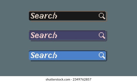 Imagen de píxeles del botón Buscar con icono de lupa de vidrio, conjuntos de activos pixelados de botón negro, magenta y rojo de búsqueda. 8 bits de píxel simple, útil para activos de juego o activos de diseño.