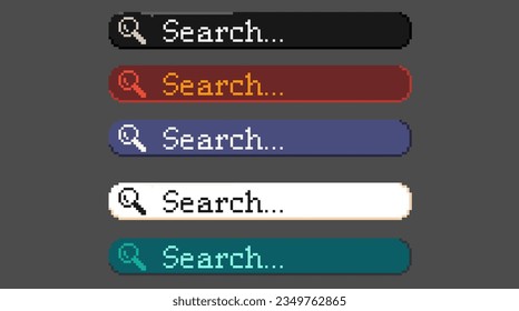 Pixel art of Search button with magnifying glass icon, Pixelated asset sets of black,red,bue,white,and green search button. 8bits simple pixel, usefull for game asset or design asset.