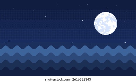 Pixel art seascape at night with moon and stars. Sea waves game scene, vector seamless background.