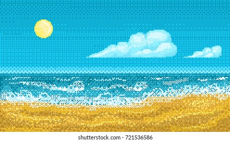 Pixel art seascape with the shore of the ocean.