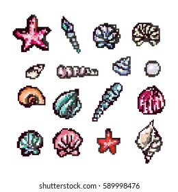 Pixel art seashell set vector illustration.