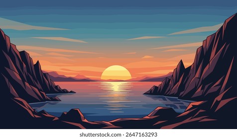 Pixel Art Sereno Pôr do Sol Costeiro Sobre Água Calma
