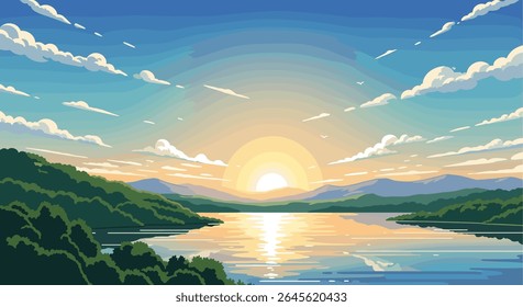 Pixel Art Serene Lakeside Sunrise Over Majestic Mountains