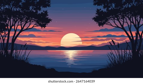 Pixel Art Serene Lakeside Pôr do sol sobre a água com montanhas distantes