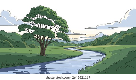 Pixel Art Serene Landscape with Winding River and Lush Greenery
