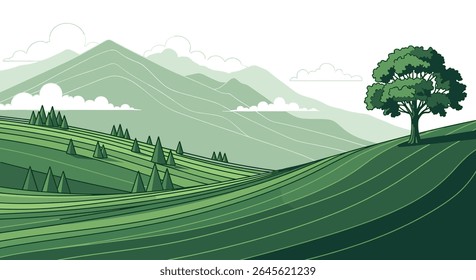 Pixel Art Serene Mountain Landscape with Rolling Green Hills and a Single Tree