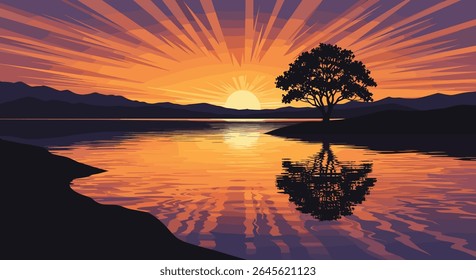 Pixel Art Serene Sunset Over Tranquil Water with Lone Tree Silhouette