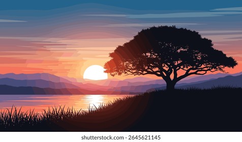 Pixel Art Sereno pôr do sol sobre água calma com árvore de silhueta