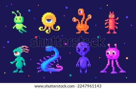 Pixel art set of alien. Cute cartoon monsters different forms and colors. Pixelated characters computer game design elements, 8 bit retro style vector illustration