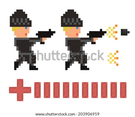 pixel art set of bandit in black clothes and hat shooting  gun and health bar for game design development- isolated vector illustration sprite