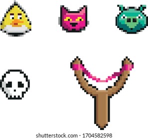 Pixel art. Set of bright pixelated minimalistic images of a cat, bird, pig, skull and slingshot.