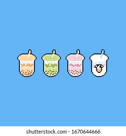 Pixel art set of bubble milk tea icon design.