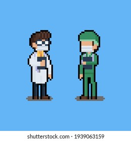Pixel Art Set Of Cartoon Doctor Character.