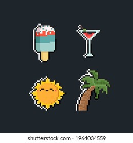 Pixel art set of cartoon summer icon.