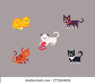 Pixel art set of cats in different poses. Cute pixelated icons on isolated color. Vector illustration.