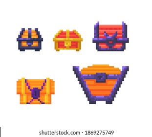 Pixel art set of closed treasure chests different forms and sizes. Vector illustration.