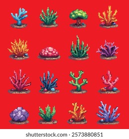 Pixel art set of coral reefs