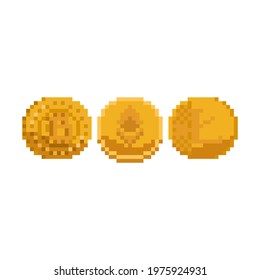Pixel art set of crypto currency icon.
