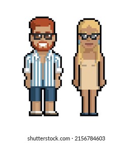 
Pixel art set of cute boy and girl on the beach in summer on a white background.