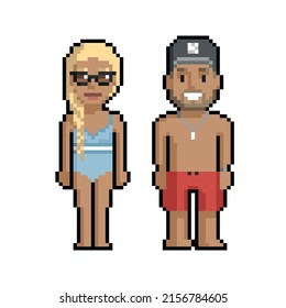 Pixel art set of cute boy and girl on the beach in summer on a white background.