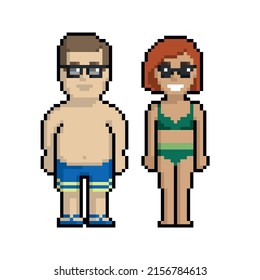 Pixel art set of cute boy and girl on the beach in summer on a white background.