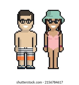 Pixel art set of cute boy and girl on the beach in summer on a white background.