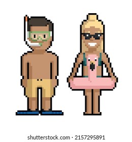 Pixel art set of cute boy and girl on the beach in summer on a white background.