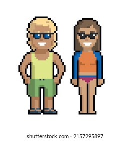 Pixel art set of cute boy and girl on the beach in summer on a white background.