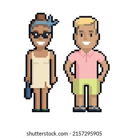 Pixel art set of cute boy and girl in summer on a white background.