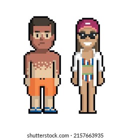 Pixel art set of cute boy and girl on the beach in summer on a white background.