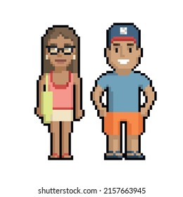 Pixel art set of cute boy and girl on the beach in summer on a white background.
