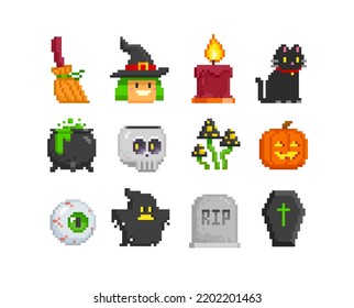 Pixel art set of cute characters for Halloween design. Witch, ghost, night cat, skull, pumpkin, coffin, tombstone. Vector illustration in 8-bit game style. Funny Pixel Art Happy Halloween set 