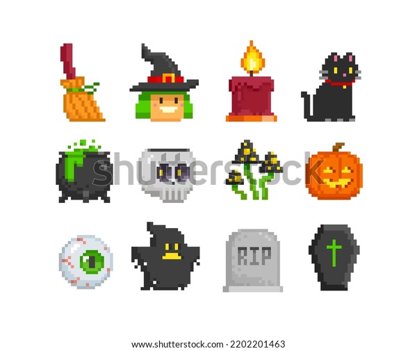 Vektor Stok Pixel Art Set Cute Characters Halloween Tanpa Royalti 2202201463 Shutterstock 1566