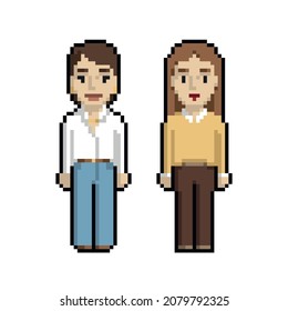 Pixel art set of cute fashion women on a white background.